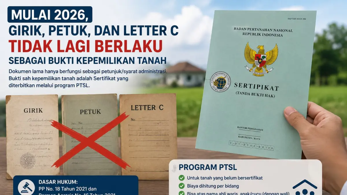 Mulai 2026, Dokumen Girik, Petuk, dan Letter C Tidak Lagi Berfungsi Sebagai Bukti Kepemilikan Tanah