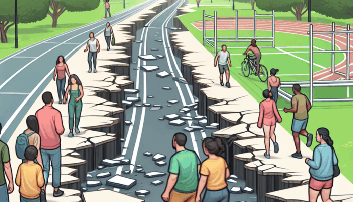 Kerusakan Trotoar dan Jogging Track Alun-Alun Kanigoro Bahayakan Pengunjung